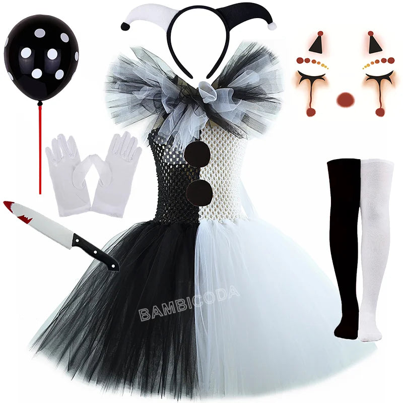 Girls Horror Clown Costume – Black & White Tutu Dress