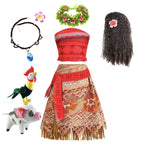 Moana Dress for Kids Girls Princess Vaiana Cosplay Carnival Children Birthday Party Headwear Necklace Pet Pig Chicken Set