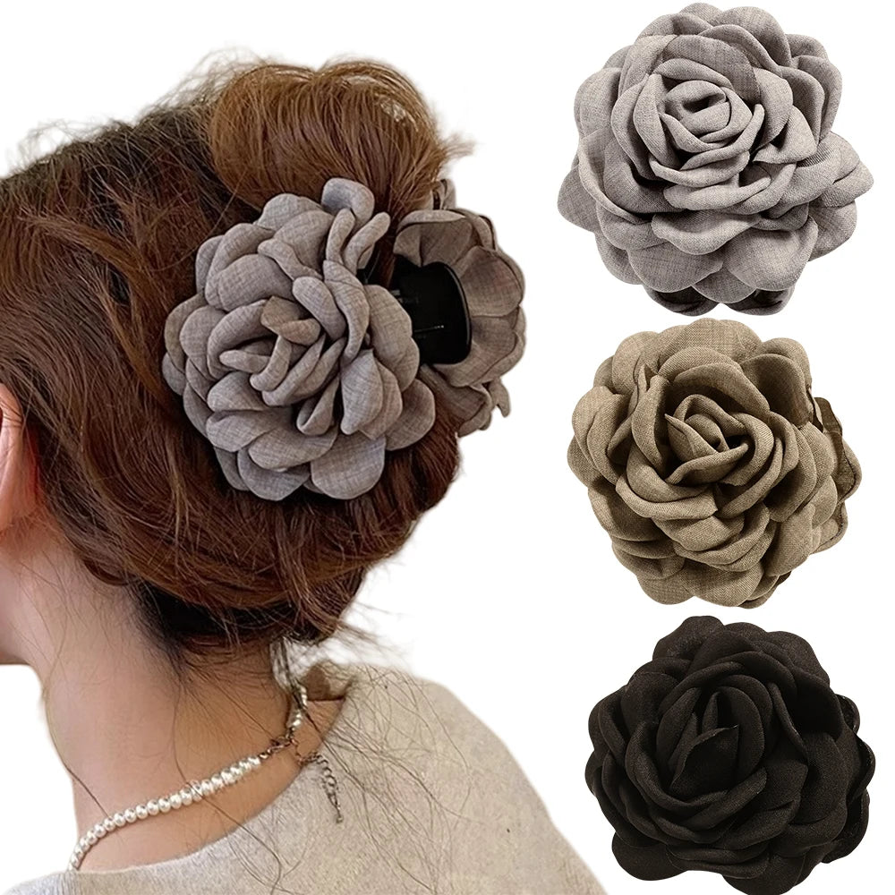 Cotton Rose Flower Hair Claw Clip – Medium Shark Clamp