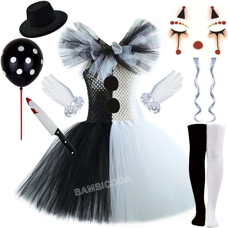 Girls Horror Clown Costume – Black & White Tutu Dress