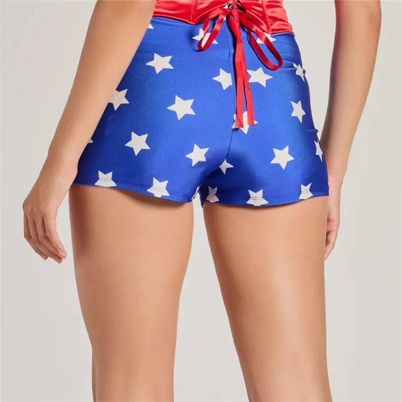 Women Blue White Star Print Shiny Stretch Boy Shorts High Waist Cosplay Costume Shorts Slim Fit Party Festival Clubwear Bottoms