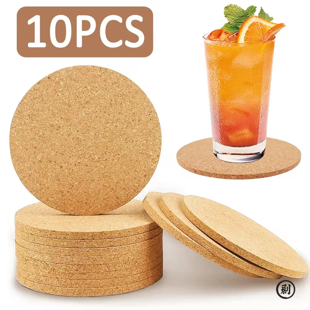 10PCS Cup Mat Natural Round Wooden Pad Durable Non-Slip Cork Coaster Tea Coffee Mug Drinks Holder for Table Decor DIY Tableware