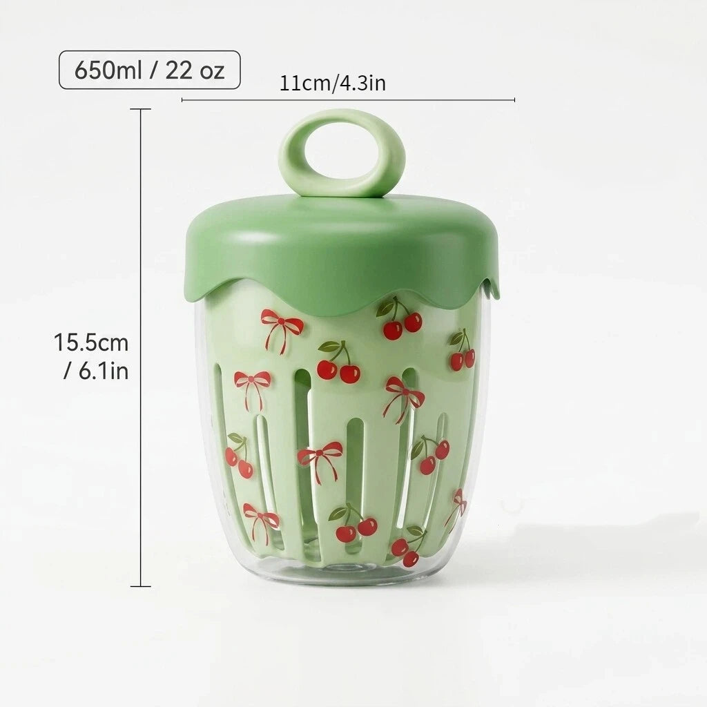 WORTHBUY Double Wall Salad Cup Portable Leak Proof Oat Container With Fork&Handle Drain Fruit Cup Cute Breakfast Cup For Student