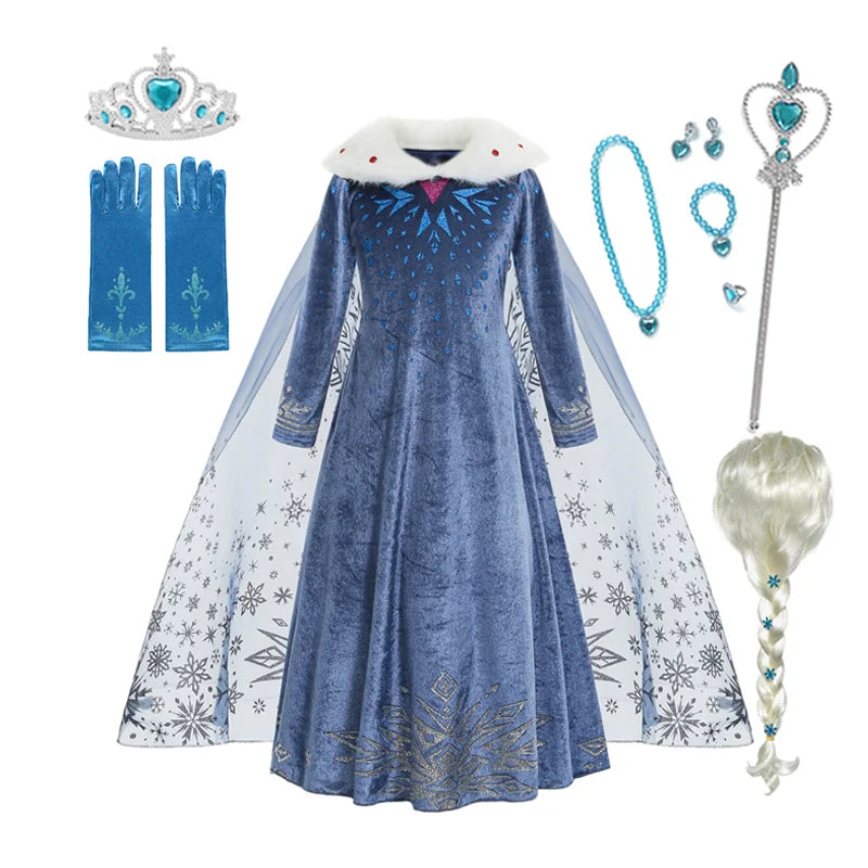 Girls Elsa Snow Queen Princess Costume Dress – Winter Cosplay Outfit