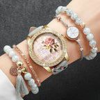 2/3/4/5PCS Fashion Rhinestone Women's Watch Flowers Printed Leather Band Female Quartz Watches Bracelets Set（Without Box）