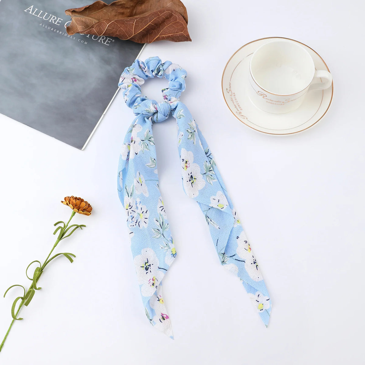Floral Satin Bow Scrunchie with Long Ribbon Scarf