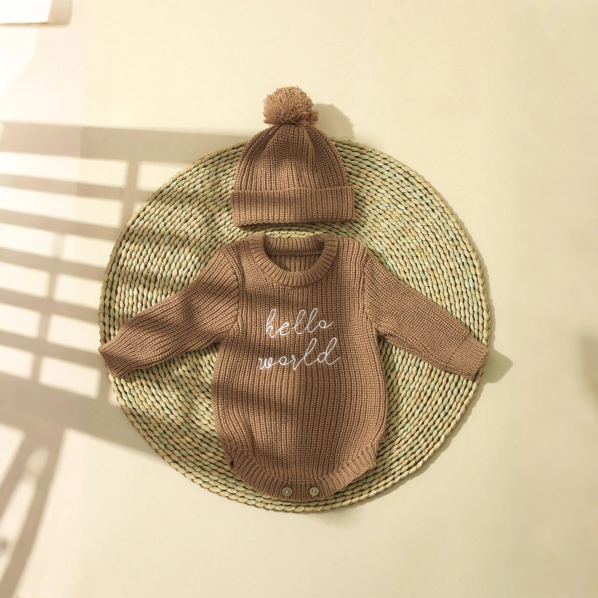 Ylsteed Hello World Knitting Newborn Photography Romper with Matching Pomp Hat Baby Boy Girl Sweater Outfits for Photo Shooting