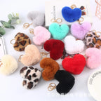 Heart Plush Pompom Keychain Leopard Print Bag Charm