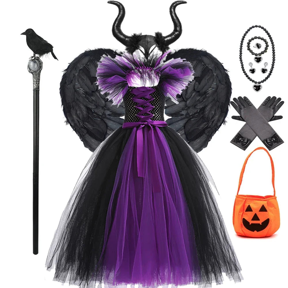 Children Cosplay Apparel for Halloween 2025 Maleficent Costume Tutu Dress Girl Evil Queen Disguise Witch Gown Villain Costume
