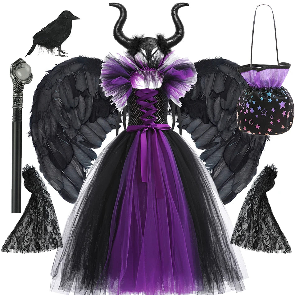 Girls Maleficent Costume Dress – Luxury Villain Tulle Gown