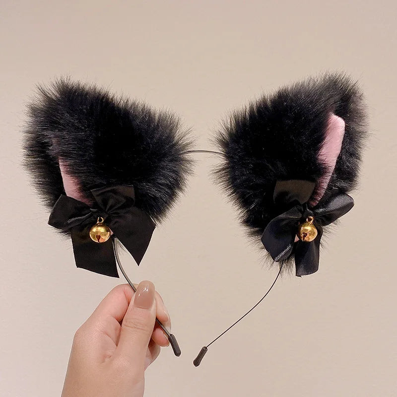 Plush Lace Cat Ears Bell Headband for Women