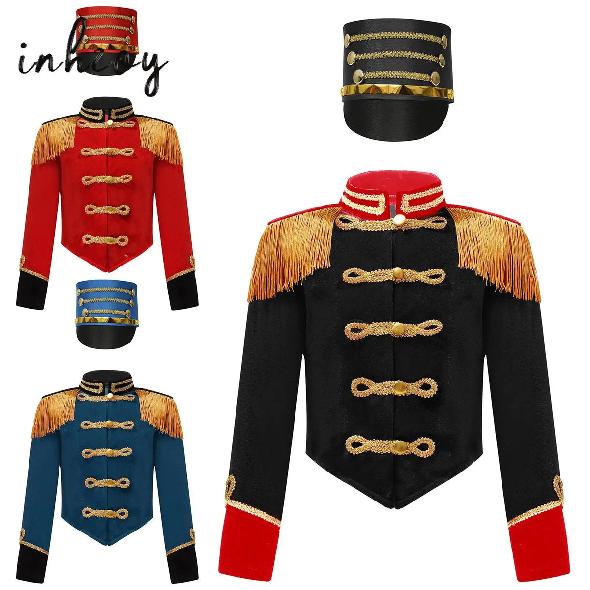 Girls Boys Halloween Nutcrackers Costume Set Drum Trumpet Team Tassel Jacket Coat Hat for Drummer Performance Circus Ringmaster