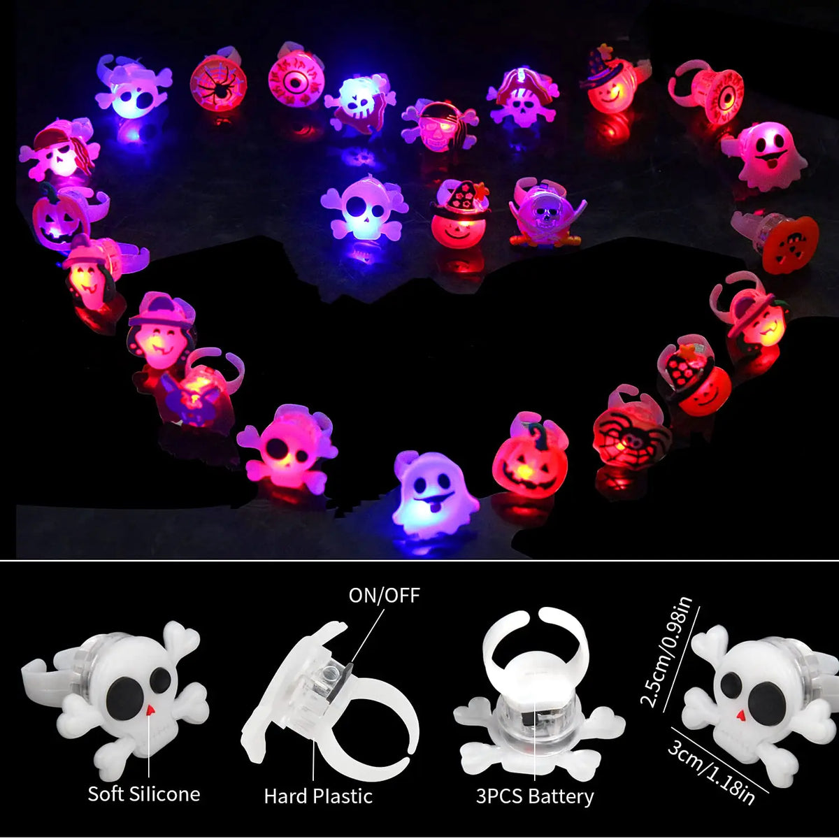 Halloween Light Up Rings for Kids,50 Pcs LED Flashing Ring Toys for Halloween Kids Party Favors Prizes and Goodie Bag Fillers