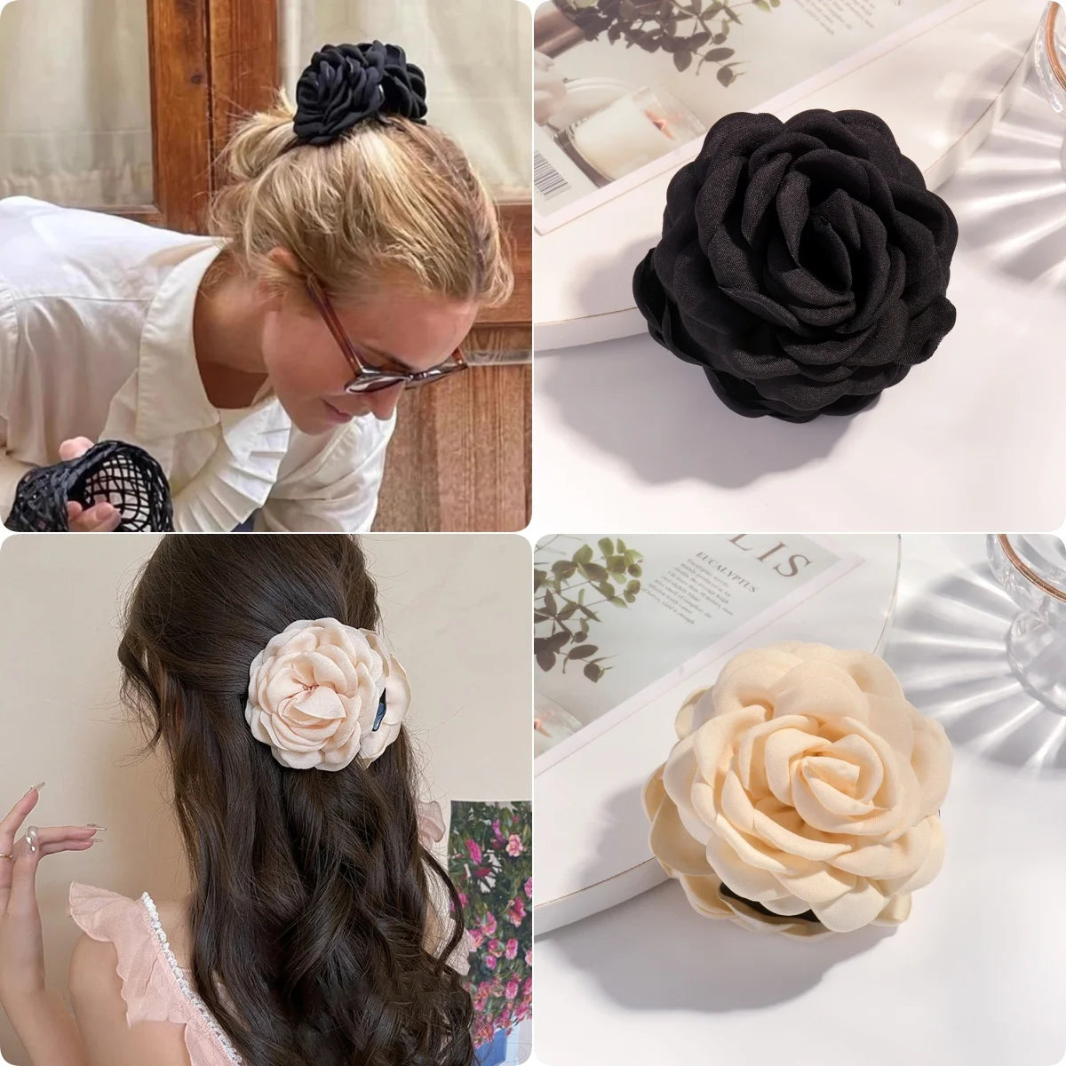 Cotton Rose Flower Hair Claw Clip – Medium Shark Clamp