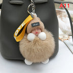 Sleeping Baby Pompom Plush Keychain Cute Fluffy Bag Charm