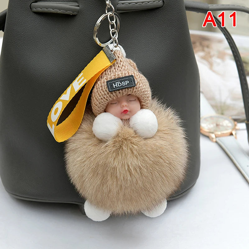 Sleeping Baby Pompom Plush Keychain Cute Fluffy Bag Charm