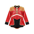Girls Shiny Sequins Circus Ringmaster Magician Drummer Costume Lion Tamer Long Sleeve Fringe Epaulet Bodysuit for Halloween