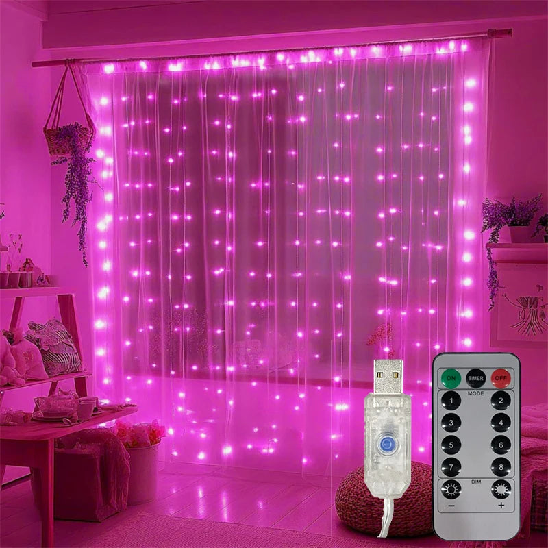 USB Plug Curtain LED String Lights 8 Modes Remote Control Holiday Wedding Fairy Garland Lights For Bedroom Living Room Decor