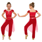 Girls Arabian Princess Costume Belly Dance Jumpsuit Shiny Sequin Tulle Overlay Satin Bodysuit for Halloween Theme Party Carnival