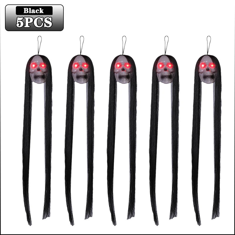 Halloween Hanging Ghost Skull with Long Hair Glowing Eyes Terror Skull Ghost House Head Skeleton Props 2024 Halloween Decoration