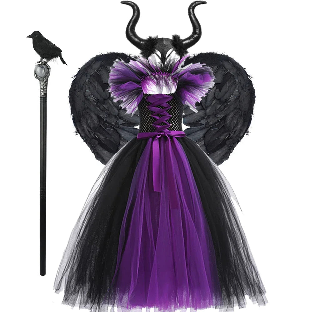 Children Cosplay Apparel for Halloween 2025 Maleficent Costume Tutu Dress Girl Evil Queen Disguise Witch Gown Villain Costume