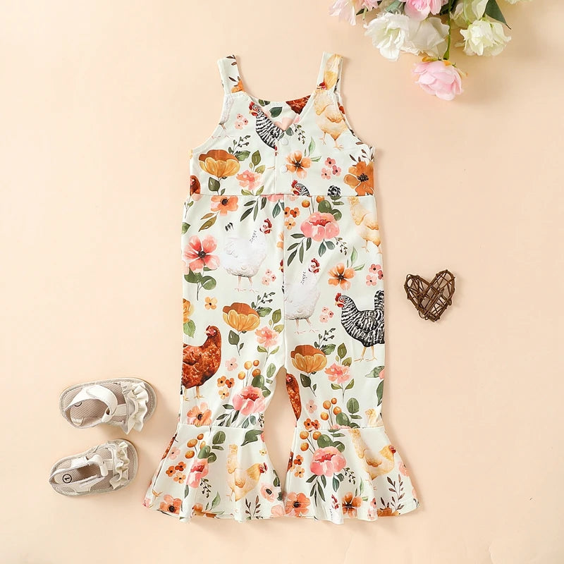 Citgeett Summer Easter Kids Baby Girls Romper Cute Sleeveless Flower Print Flare Leg Jumpsuit Overalls Clothes