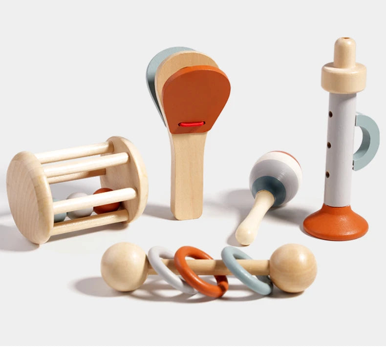 Baby Wooden Hand Bell Rattle Montessori Sensory Grasp & Teething Toy