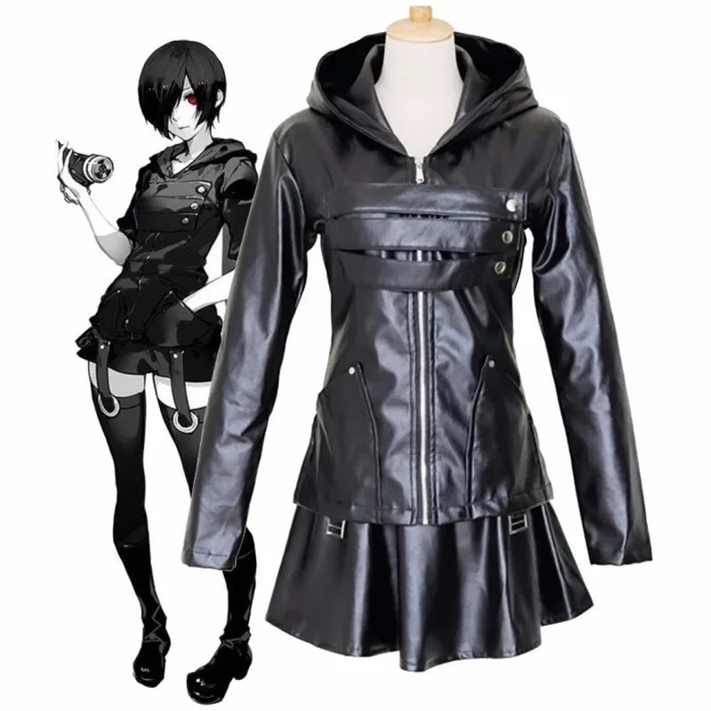 Anime Tokyo Ghoul Touka Kirishima Cosplay Costume Full Set Uniform PU Leather Black Dress Hoodie Women Halloween Fighting Dress