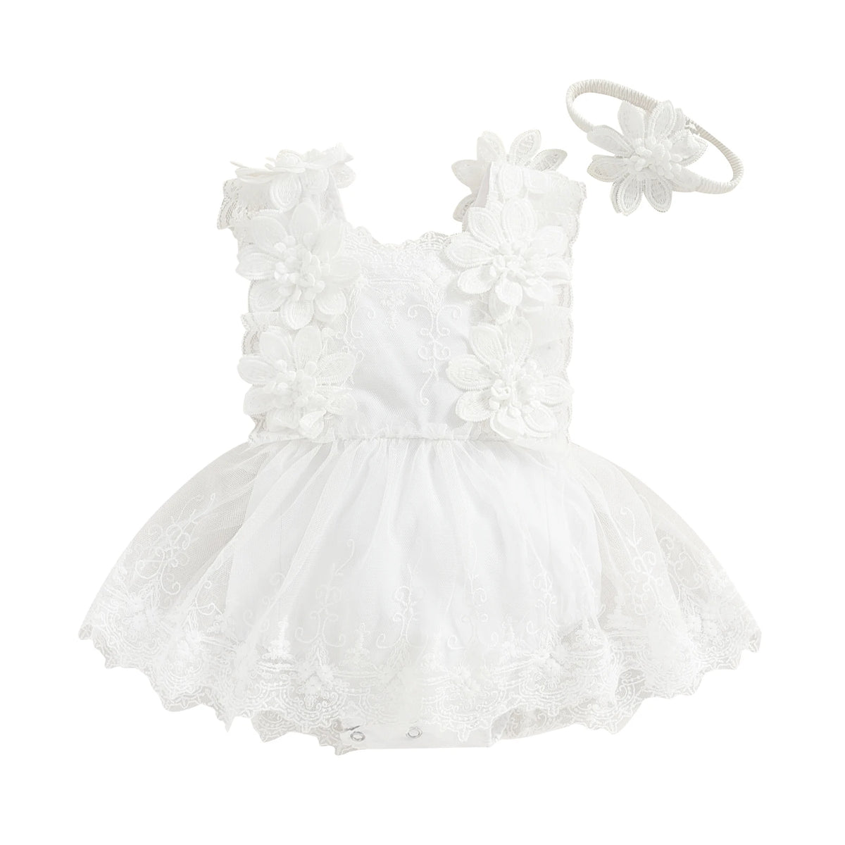 0-18M Infant Baby Girls Princess Romper Dress Summer Sleeveless Square Neck Floral Lace Bodysuits with Headband Sets Outfits