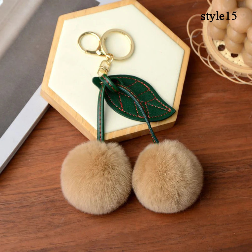 Cute Fluffy Cherry Fur Ball Keychain Bag Pendant Charm
