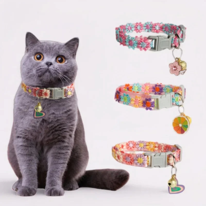 Pink Blue Cherry Blossom Embroidery Cat Collar With Bell Safety Breakaway Buckle Pet Accessory For Kitten Puppy