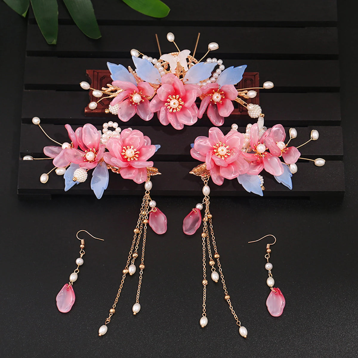 Chinese Hanfu Hair Stick Hairpin Earrings Hair Accessories Set Long Fringed Vintage Hairpin Flower Handmade Wedding Hair Jewelry