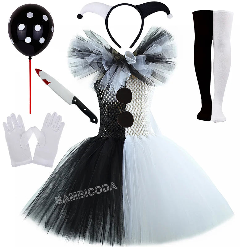 Girls Horror Clown Costume – Black & White Tutu Dress