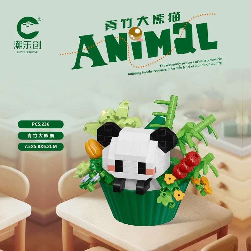 Cute Dessert Small Animals Potted Bouquet Cartoon Doll Panda Puppy Building Block Ornament Children Toys Gift