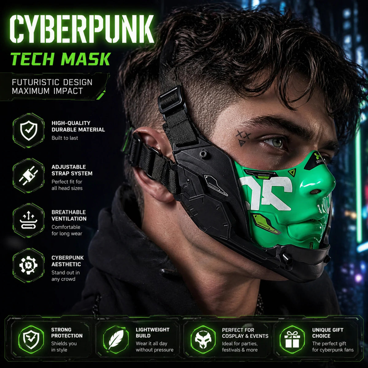 5 Color Cyberpunk Half Face Mask Mecha Style Halloween Cosplay Mask Adjustable Strap Breathable Comfort Party Costume Face Cover