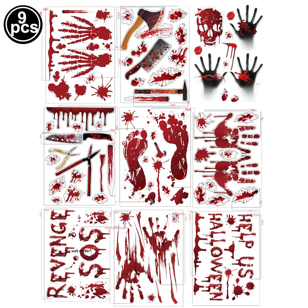 Halloween Wall Doors Windows Stickers Blood Handprint Footprint Skull Pattern Halloween Party Scene Decor Supplies Horror Props