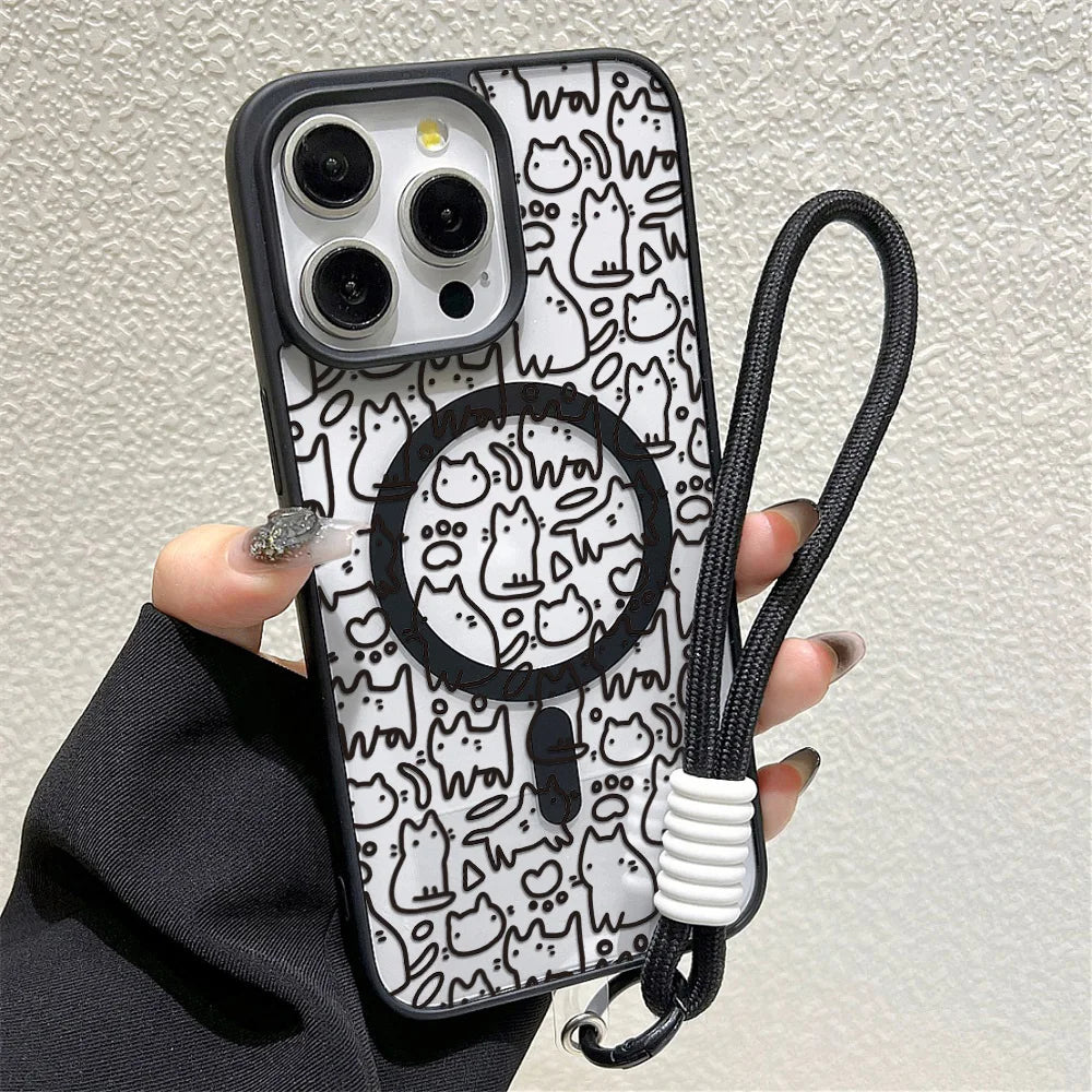 Luxury Lanyard Magnetic Phone Case For iPhone 13 17 16 18 Pro Max 11 15 14 12 17pro Shockproof Acrylic Matte Cat Painted Cover