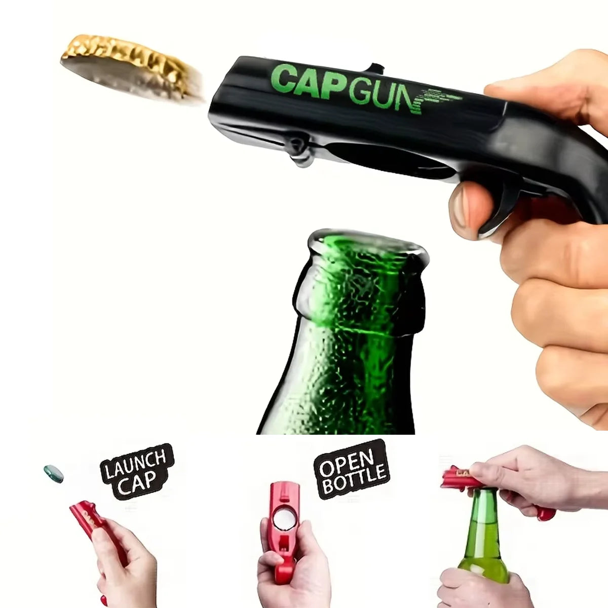 Portable Cap Gun Bottle Opener – Creative Flying Cap Launcher Bar Tool