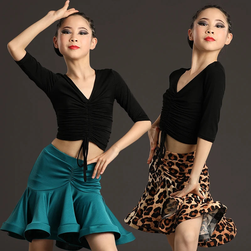 Children Professional Ballroom Latin Dance Dress For Girls Ballroom Dancing Dresses For Kids Leopard Print Top Skirt Samba Tango