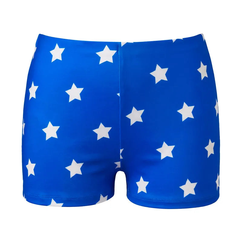 Women Blue White Star Print Shiny Stretch Boy Shorts High Waist Cosplay Costume Shorts Slim Fit Party Festival Clubwear Bottoms
