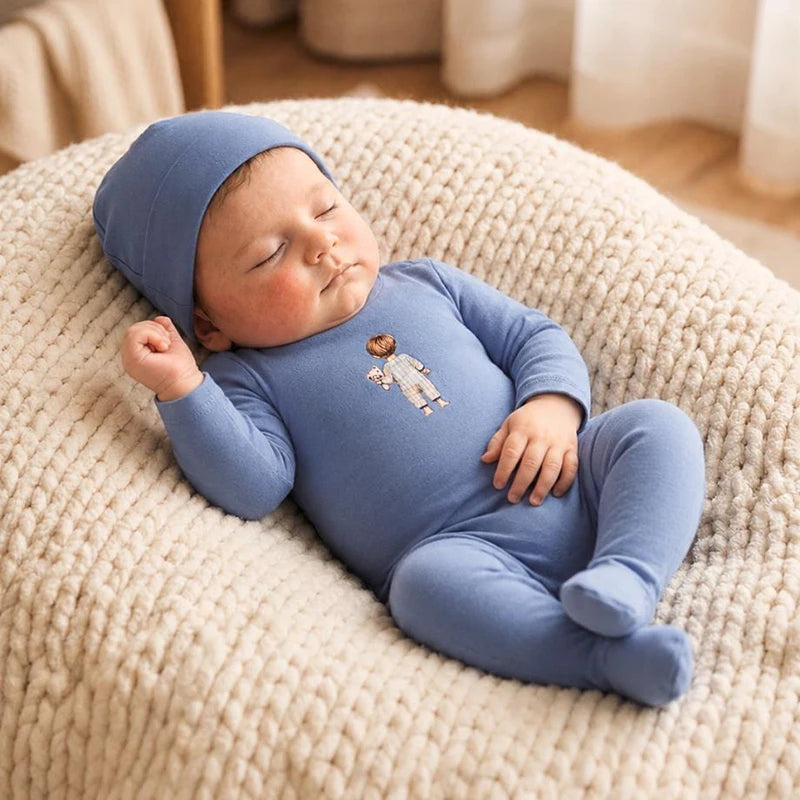 Ali Layette AW26 Baby Footed Romper Matching Hat Girl Boy Cotton Pajama Sets