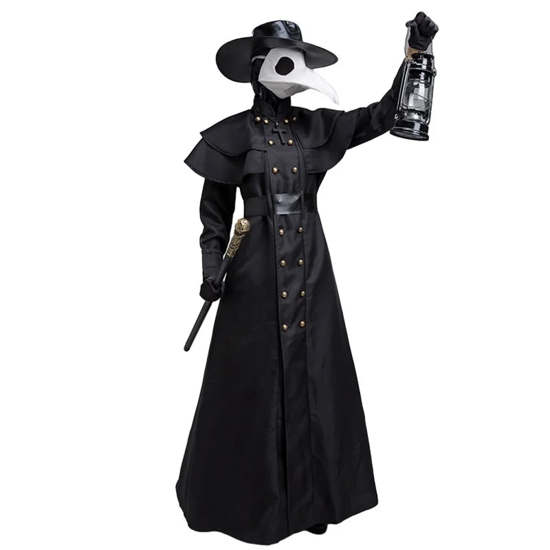 Halloween Medieval Hooded Robe Plague Doctor Costume Mask Hat for Men Monk Cosplay Steampunk Priest Horror Wizard Cloak Cape 5XL