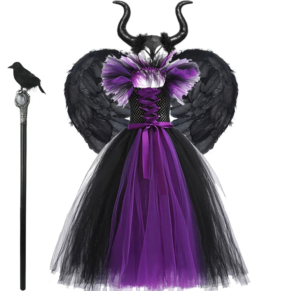 Children Cosplay Apparel for Halloween 2025 Maleficent Costume Tutu Dress Girl Evil Queen Disguise Witch Gown Villain Costume