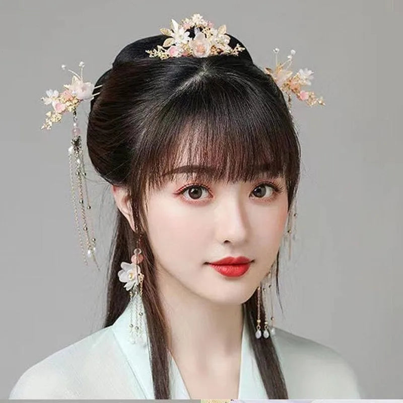 Chinese Hanfu Hair Stick Hairpin Earrings Hair Accessories Set Long Fringed Vintage Hairpin Flower Handmade Wedding Hair Jewelry