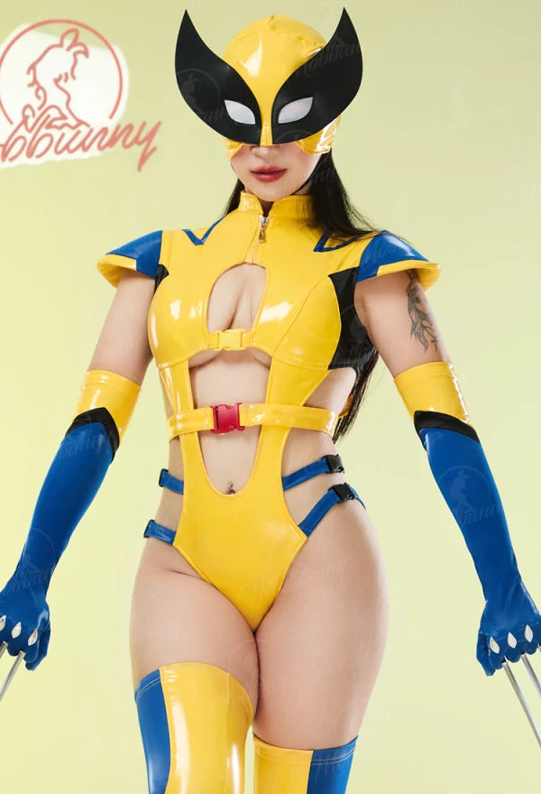 MOBBUNNY Women's Lingerie Set Cosplay Costume for Women Bodycon Outfit Cutout Bodysuit with Gloves Mask For Halloween