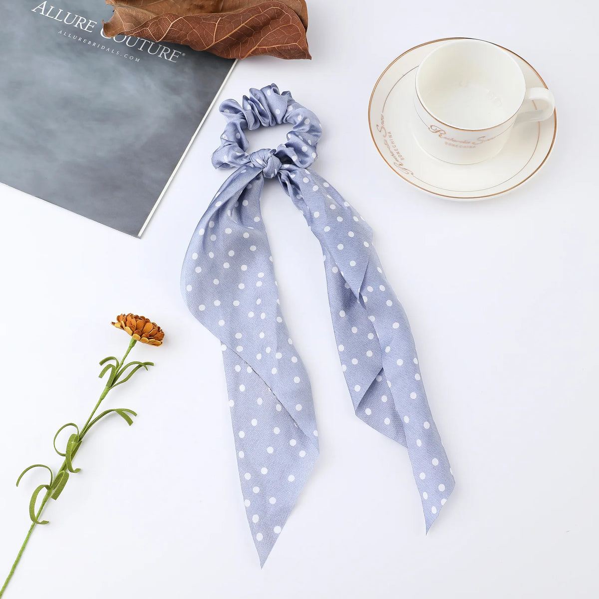Floral Satin Bow Scrunchie with Long Ribbon Scarf