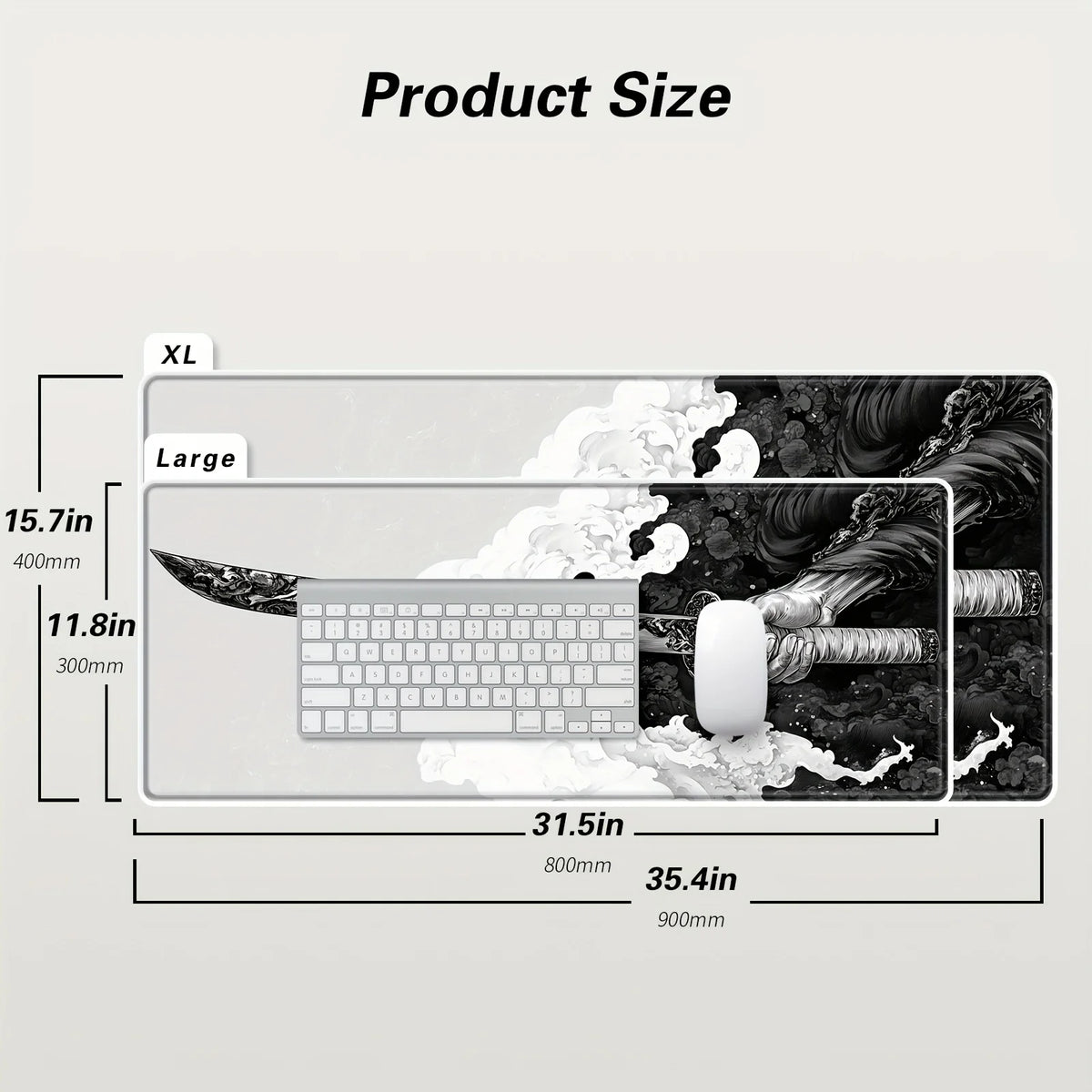 Extended gaming mouse pad with Japanese samurai design, oversized, seam edge, washable, non-slip rubber sole, 31.5x11.8 inches