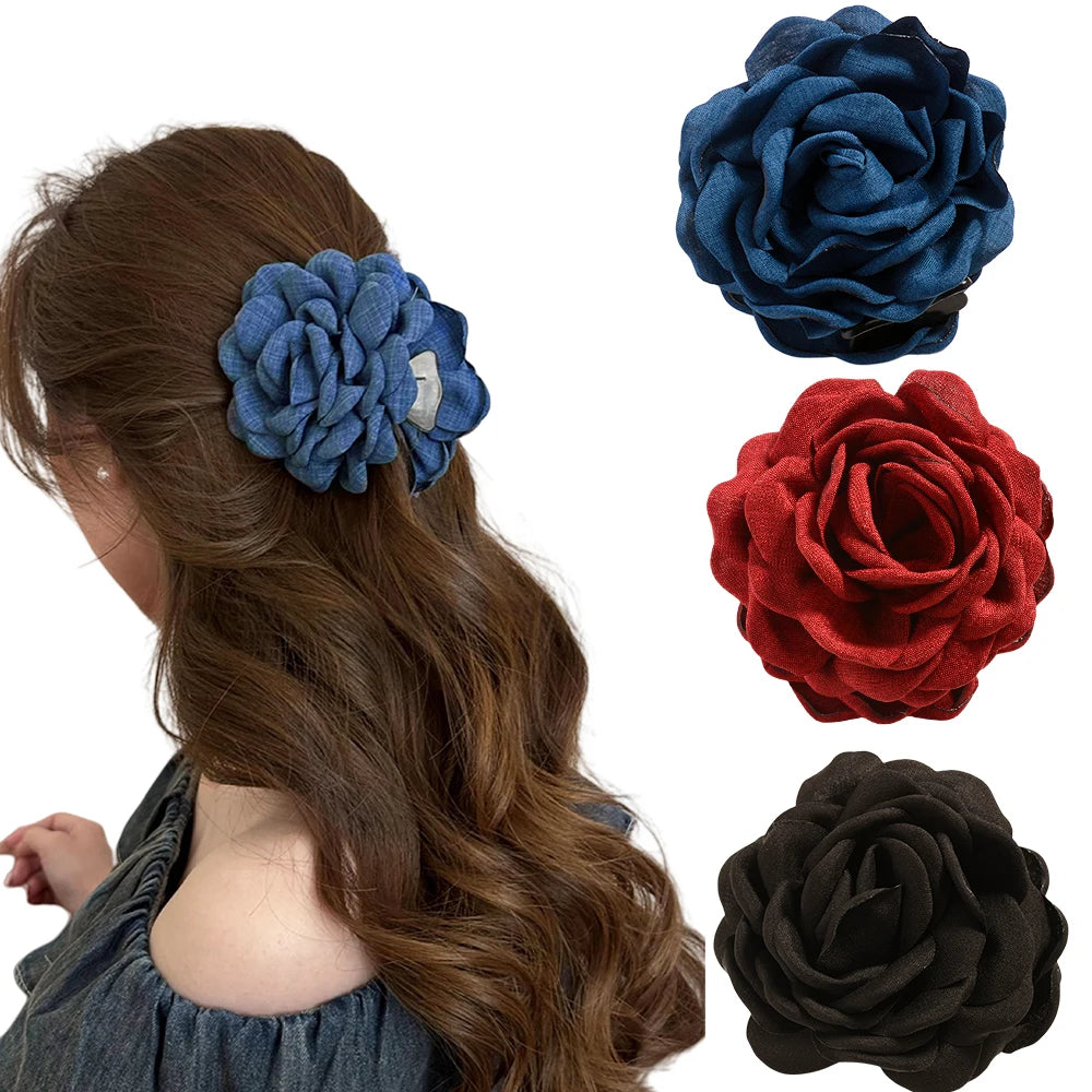 Cotton Rose Flower Hair Claw Clip – Medium Shark Clamp