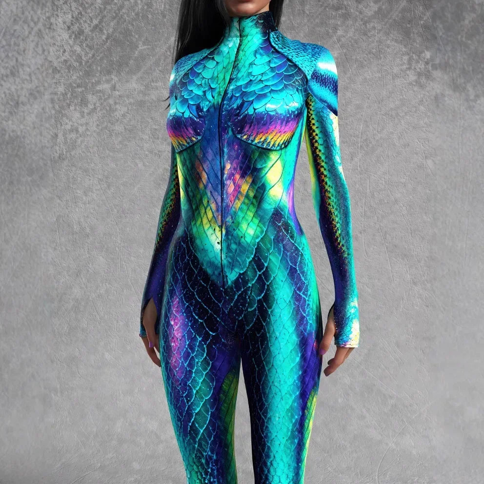 Zawaland Women Mermaid Jumpsuit Halloween Party Cosplay Costume 3D Fish Scale Print Performance Bodysuit Festival Zentai Catsuit