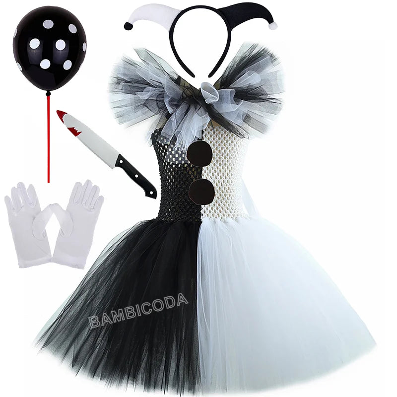 Girls Horror Clown Costume – Black & White Tutu Dress